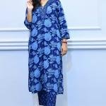 Blue Floral Printed Cotton Kurta Set with Lace Detailing