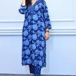 Blue Floral Printed Cotton Kurta Set with Lace Detailing
