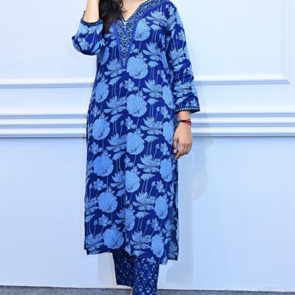 Blue Floral Printed Cotton Kurta Set with Lace Detailing