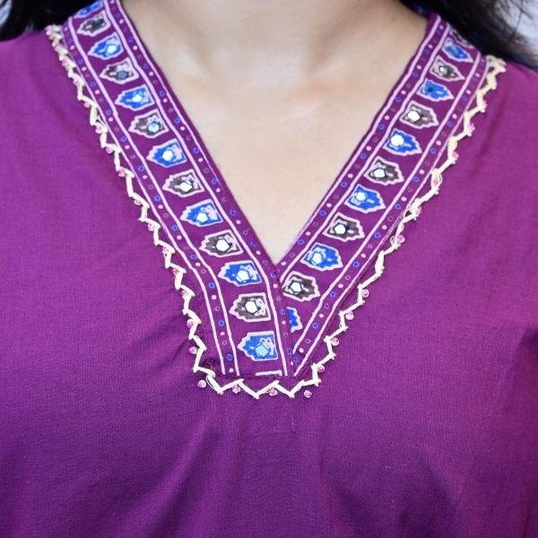 Purple Floral Printed Cotton Kurta Set with Lace Detailing