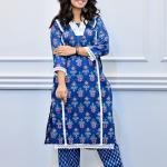Blue Floral Printed Cotton Kurta Set with Lace Detailing