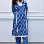 Blue Floral Printed Cotton Kurta Set with Lace Detailing